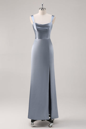 Simple Sheath Grey Blue Satin Bridesmaid Dress with Slit